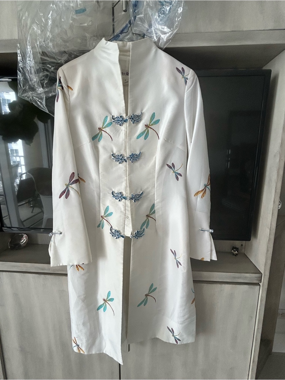 Off White Embroidered Dragonfly Mandarin Collar Dress coat